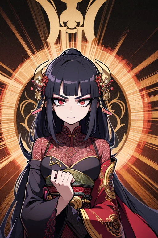 (stand:1.3), (looking forward: 1.3), straight pose, samurai-inspired dress, detailed ornate kimono-style dress, with elegant curved lines and flowing fabric, detailed floral and geometric patterns, beautiful detailed face, detailed eyes and makeup, long flowing hair, dramatic lighting, vibrant colors, cinematic composition, digital art, concept art, highly detailed, photorealistic, 8k, best quality