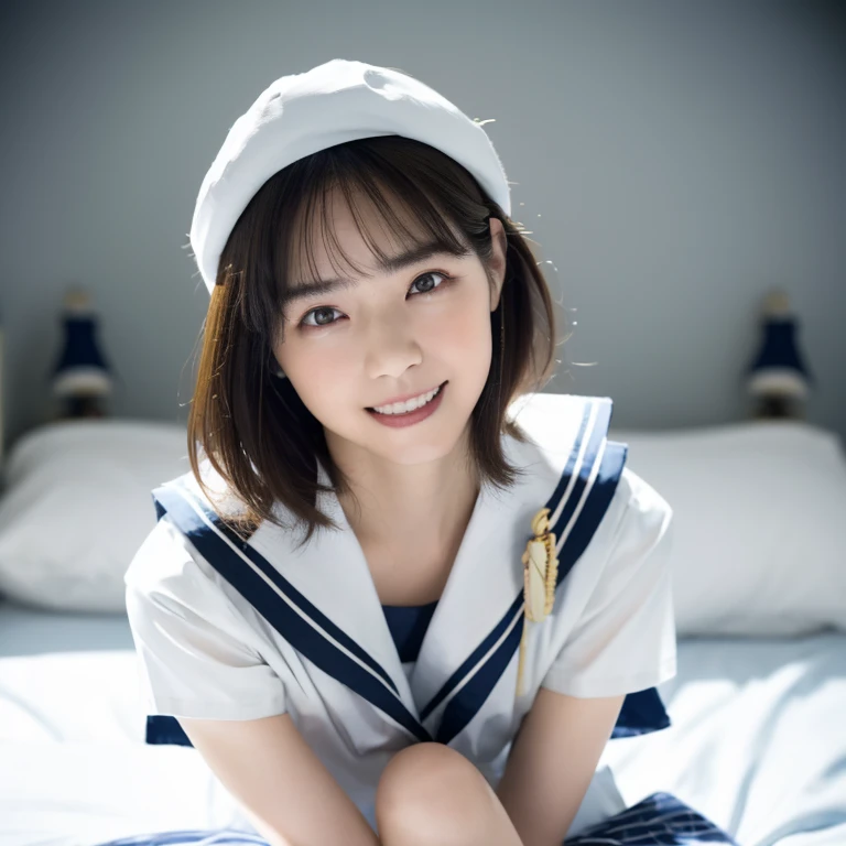 (Masterpiece, Best quality: 1.4), (Ultra realistic, Photo-realistic: 1.2), Full body, Spread legs, Looking at viewer, Natural light, 30 years old actress, Japanese women, Neat and clean, ((Wearing white tennis uniform, White short-sleeve polo shirt with collar, Not buttoning the polo shirt, White pleated skirt: 1.2)), (Short wavy hair: 1.2), Light brown hair color, (Beautiful Face), Oval face, clear, (Beautiful eyes, Kind eyes), (Clear skin), Small face, (Small mouth, Beautiful mouth), Natural makeup, (Wearing white socks: 1.1), Approachable, Hotel Suite room,On bed, Seductive smile, Seductive pose, Beautiful thighs, Bedroom eyes, Embarrassed, blush