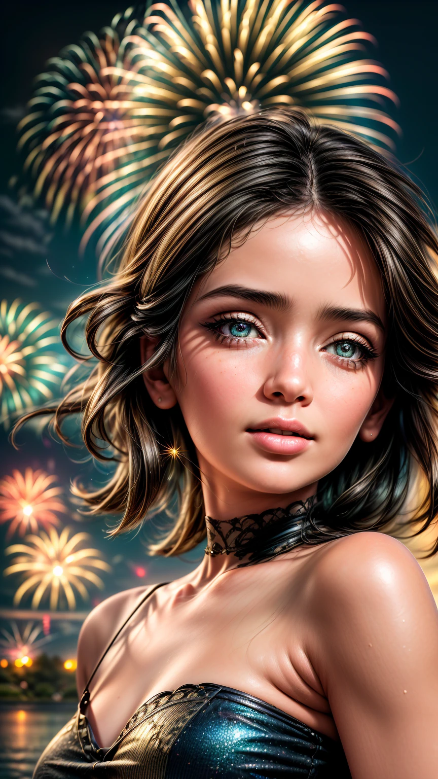 Low angle shot、Beautiful countryside、Girl sitting and looking up at fireworks
