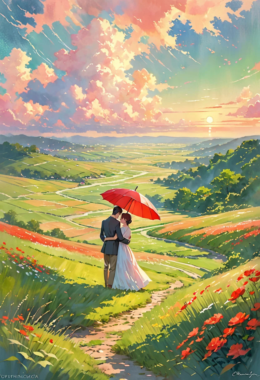 A romantic couple standing together on a grassy plain, holding a red umbrella. The man and woman embrace each other tenderly, looking into each other's eyes with love and affection. The scene is set against a backdrop of a vast open landscape, with a beautifully clouded sky above. The lush green grass in the foreground stretches out, providing a soft and natural base for the scene. The image has a slightly painterly effect, with the colors appearing vibrant and soft, reminiscent of an anime or watercolor painting. The overall atmosphere is serene and romantic, capturing a tender moment between the couple. The focus is on the couple, with the background slightly blurred, adding depth to the composition. The photograph is taken from a wide perspective, making the couple appear far away, and capturing a broad view of the sky and landscape. This wide-angle approach emphasizes the expansive beauty of the surroundings, highlighting the vast, cloud-filled sky and the rolling grassy fields, enhancing the dreamy and romantic ambiance of the scene