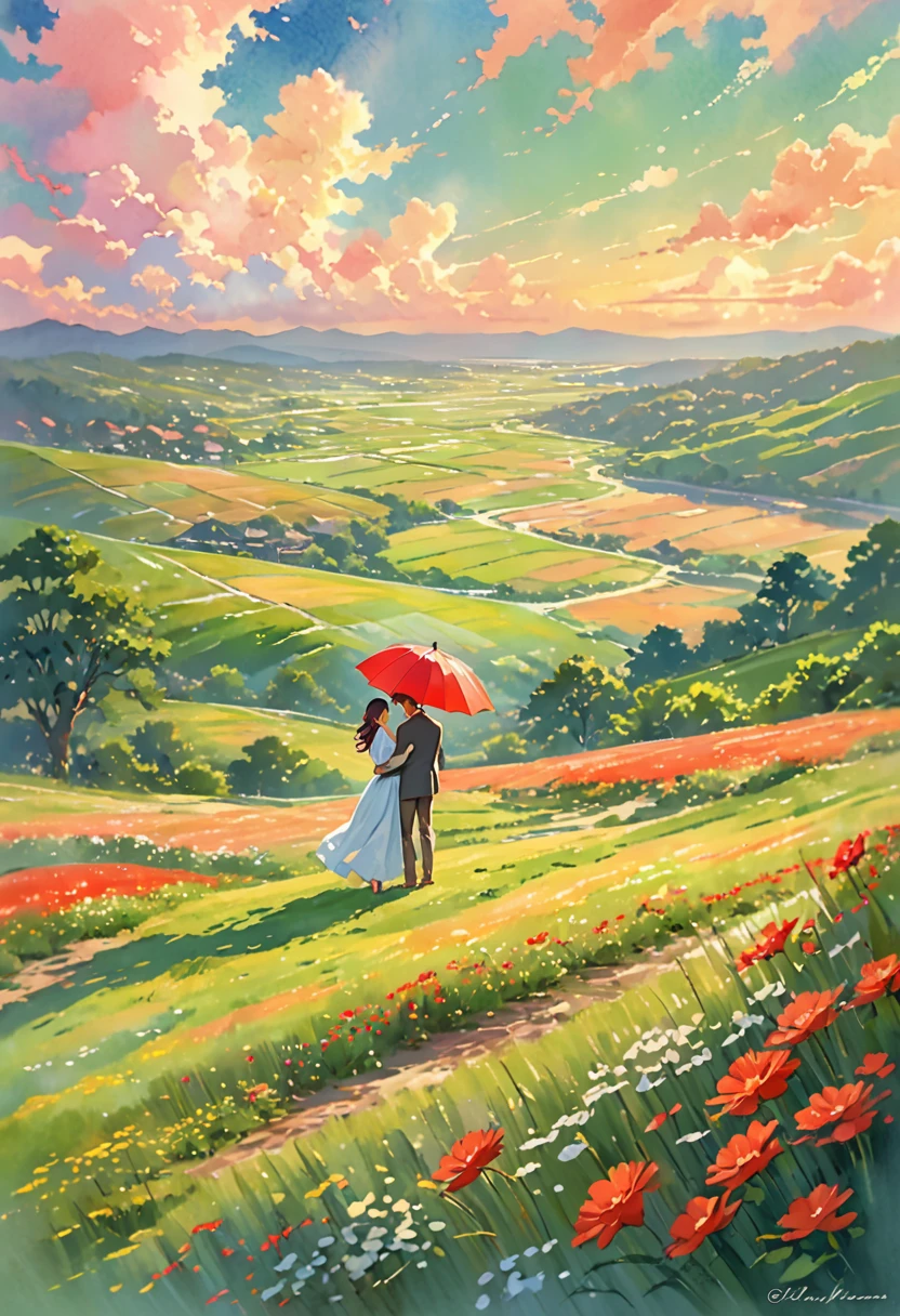 A romantic couple standing together on a grassy plain, holding a red umbrella. The man and woman embrace each other tenderly, looking into each other's eyes with love and affection. The scene is set against a backdrop of a vast open landscape, with a beautifully clouded sky above. The lush green grass in the foreground stretches out, providing a soft and natural base for the scene. The image has a slightly painterly effect, with the colors appearing vibrant and soft, reminiscent of an anime or watercolor painting. The overall atmosphere is serene and romantic, capturing a tender moment between the couple. The focus is on the couple, with the background slightly blurred, adding depth to the composition. The photograph is taken from a wide perspective, making the couple appear far away, and capturing a broad view of the sky and landscape. This wide-angle approach emphasizes the expansive beauty of the surroundings, highlighting the vast, cloud-filled sky and the rolling grassy fields, enhancing the dreamy and romantic ambiance of the scene