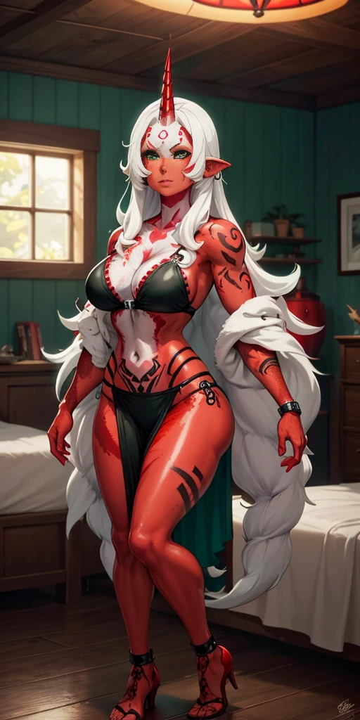 highly detailed portrait of a "milf housewife wearing sexy sheer garment stockings and high heels standing in full height in a bedroom, dim lights, soft glow, whole body, body shot, anime, pixar style, thepit bimbo, beautiful face,perfect face,sanpaku, skin pores, intricate skin texture, realistic skin, realistic, photo shoot, professional, limited palette,high contrast, masterpiece, best quality, HDR, viewpoint, highest quality, sharp focus, digital art render, 8k, forehead, (glowing horn, forehead oni), meadow, unicorn_hooves, enchanted_forest, monster girl, bodybuilder female, pretty face, detailed face, white hair, red eyes, perfect body, fit body, abdomen, big breasts, muscular, tiger bikini, ((very red skin:1.8)), ((very white hair)), ((long horns)), ((green eyes:1.5)), happy, ((tribal body ink:1.5)), ((red tattoo:1.5)),curvy, narrow waist, big pelvis, wide hips, gloves,fur trim" sun god halo of light, gold, unreal engine, art by mark ryden, lostfish, earl norem, global illumination, god rays, detailed and intricate environment, elden ring style