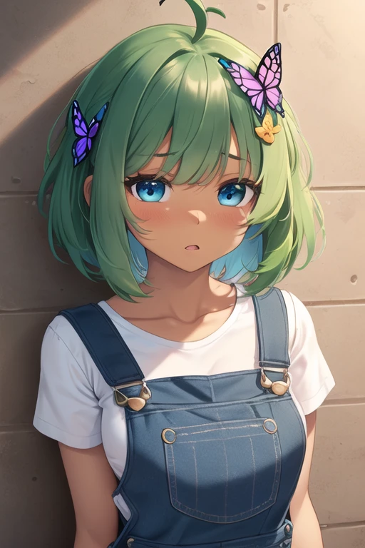 (4K)、((1 woman))、17 years old、Big Ahoge、((Bright green hair))、Short Bob、(((Dark brown skin)))、(((Light blue eyes)))、Wear blue overalls、(Butterfly Hair Ornament)、My hair flutters in the wind、Frustrated expression、(Background is brown wall)