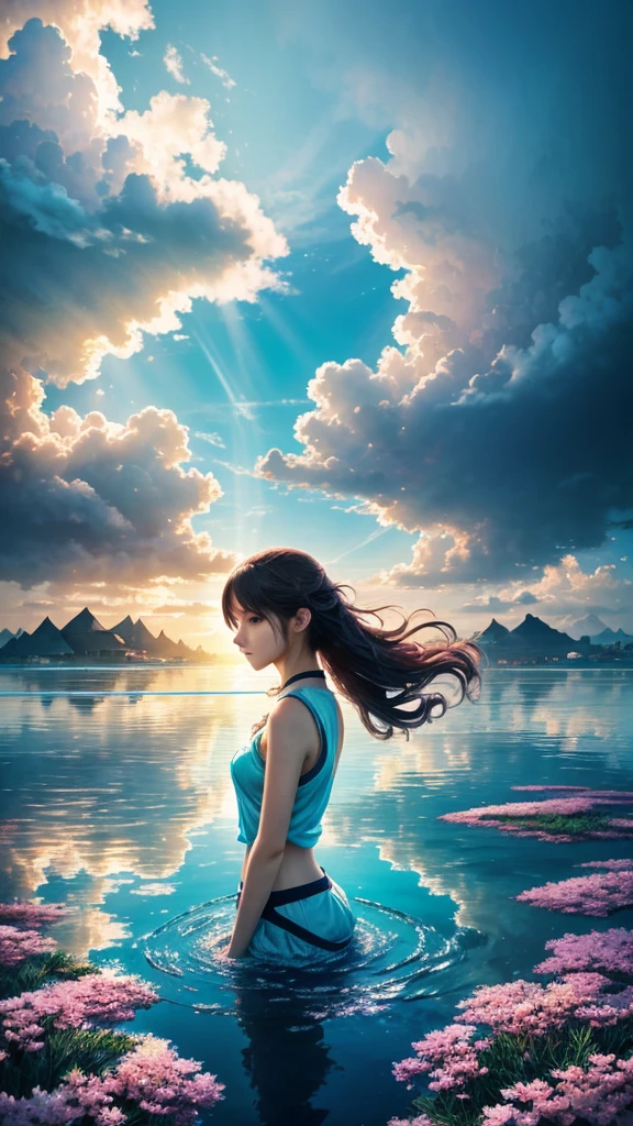 anime key visual, Masterpiece landscapes,A girl, From the city of Atlantis, complex background, foggy condition, cyberdelic, flowering light, Macro lens, Color style, "surrounded by clouds，Beautiful fluid image，Delicately painted landscapes，Light clouds float on the surface of the water.，It&#39;s like a fairyland。The misty light penetrates the clouds.，Impressive light and shadow effects are reflected.。In the photo there is a sea of clouds.，The landscape ahead is fascinating