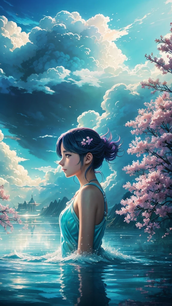 anime key visual, Masterpiece landscapes,A girl, From the city of Atlantis, complex background, foggy condition, cyberdelic, flowering light, Macro lens, Color style, "surrounded by clouds,Beautiful fluid image,Delicately painted landscapes,Light clouds float on the surface of the water.,It's like a fairyland。The misty light penetrates the clouds.,Impressive light and shadow effects are reflected.。In the photo there is a sea of clouds.,The landscape ahead is fascinating