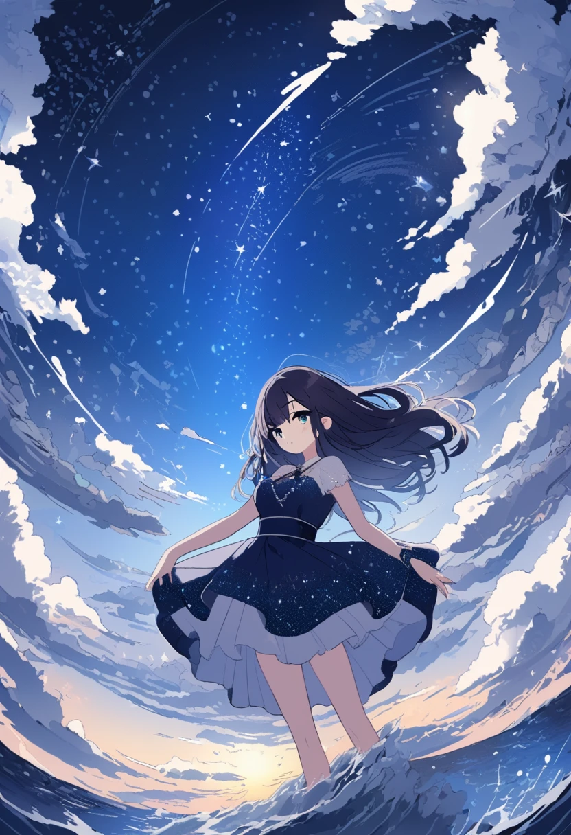 Low angle shot:1.7, a beautiful woman, 1 girl, long dark hair, PENETRATING EYES, ELEGANT DRESS, his vintage, embellished crystals, starry night sky background, intricate celestial patterns, (Best Quality,4k,8k,High resolution,masterpiece:1.2),ultra detailed,(realist,photorealist,photo-realist:1.37),cinematic lighting,dramatic colors,fancy,Digital paint,Conceptual art