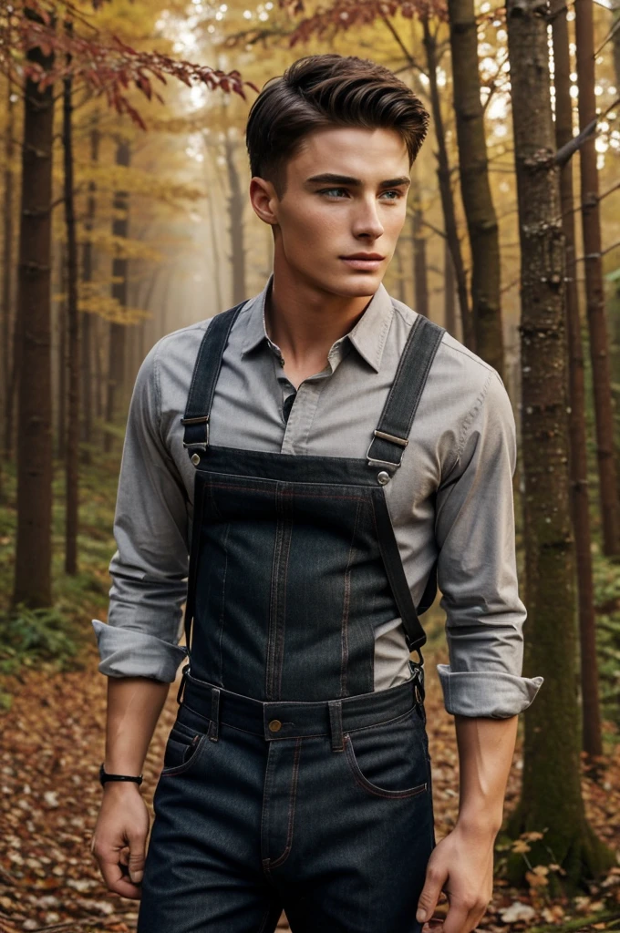 Handsome 17 year old boy with a longer face and nose, faceclaim of Colton Haynes. strong jawline, messy dark brown / black hair with warm brown eyes. Dressed in red button up shirt with rolled up sleeves and suspenders. Background of autumn forest.