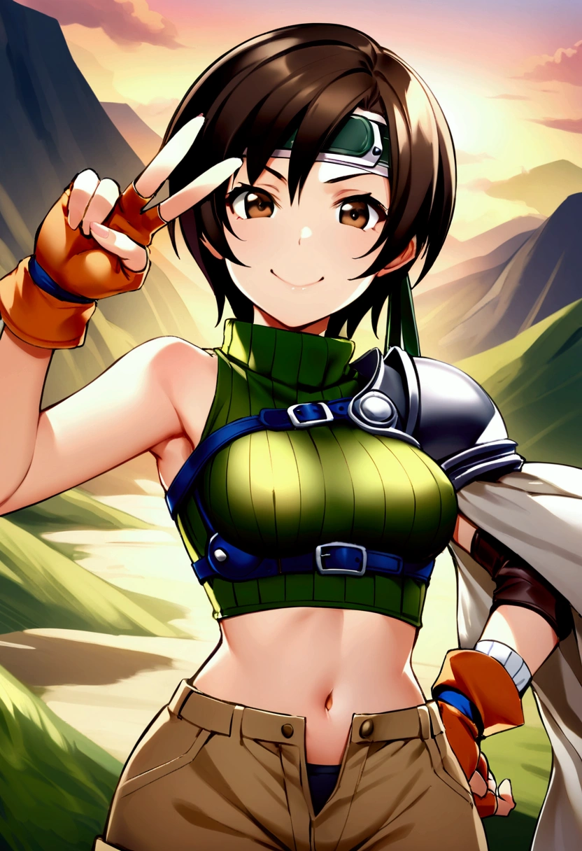 score_9, score_8_up, score_7_up,,BREAK ,best quality,aesthetic,very aesthetic,high-resolution ,upperbody,,soro focus,1girl, yuffie kisaragi, final fantasy, short hair,headband,navel,sleeveless,turtleneck,brown eyes,sleeveless turtleneck,solo,breasts,looking at viewer,smile,gloves,crop top,brown hair,shorts,midriff,,sweater,open fly,armor,fingerless gloves,ribbed sweater,medium breasts,(great joy,),standing,mountain,sunset,v,hand on hip,smug,face focus,