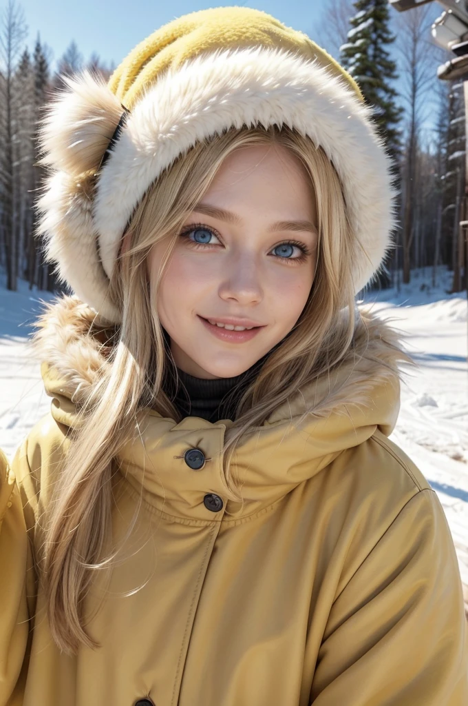 Create a female character who is a beautiful blonde woman with blue eyes. She must have a charming personality, with a combination of intelligence, charisma and sensitivity. Describe it in detail, including your fashion style, hobbies, and a brief life story that shows how she became the incredible person she is today. photo on a ski slope, snow and cold, He is smiling! with a beautiful smile! with cold clothes, yellow colored fur coat and headdress!
