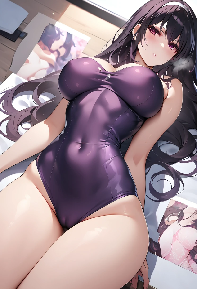 ((masterpiece, Top quality, high resolution, Highly detailed CG unified 8k wallpaper:1.4)), (Black haired beauty,Huge stunning goddess photo, Very hot and sexy, Stunning beauty, Perfect proportion, Beautiful Body, slim body beautiful:1.2),Purple one piece swimsuit