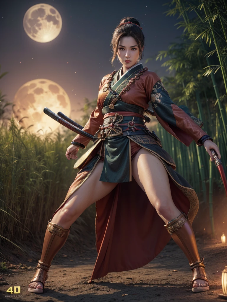 4K Fantasy style, digital drawing mode, Samurai-themed female character, brown long pony hair with copper highlights, determined green eyes, wearing a kimono-inspired outfit with gears and cogs, holding a katana with a steam-powered mechanism and red and blue gold aura effects, background of a Bamboo forest with Full moon, pale skin, short hair, red lips, focused eyes, full body, Battle stance pose, life size, perfect anatomy, detailed metal and fabric texture, full HD, 4K, HDR, depth of field."