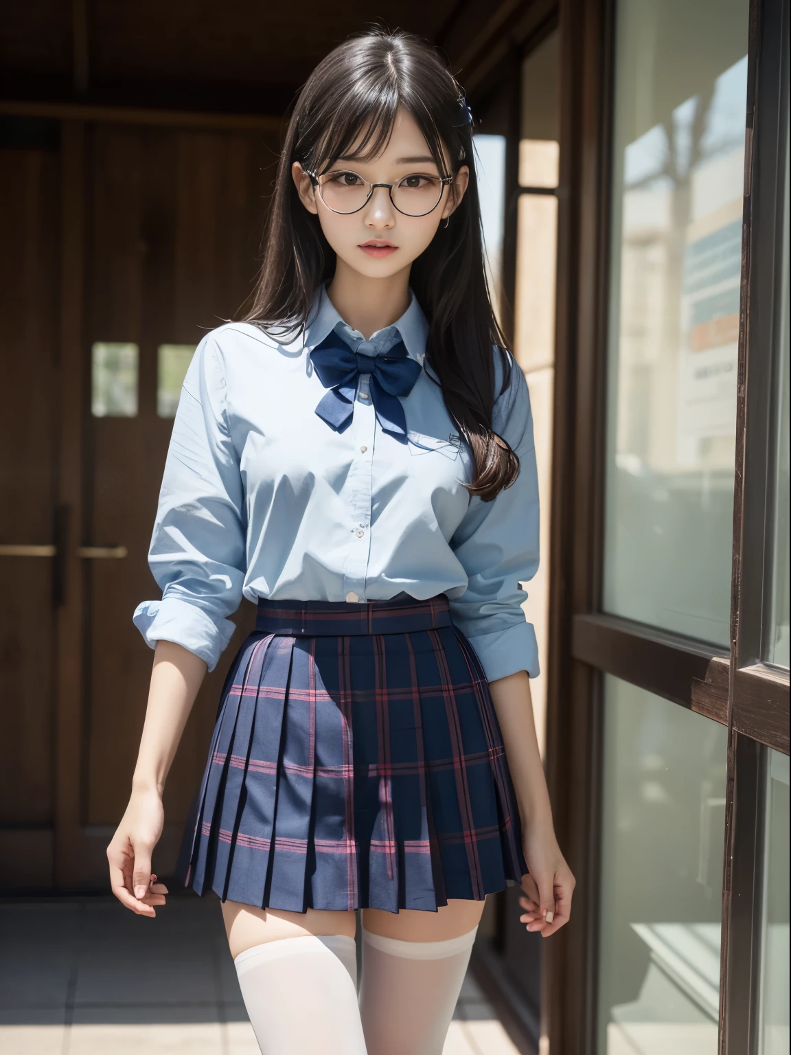 (8k、生photograph、Highest quality、masterpiece:1.2)、(Black Pantyhose)、(Small breasts)、(Small breasts)、(Small breasts)、(Small breasts)、(Glare)、(anger)、(Light)、(Confused eyes)、Round Glasses、cute、JK、high school girl、Japanese women、Are standing、(PhotoReactive:1.37)、Photon Mapping、Real、cute小さな顔、Brown eyes、(Red bow tie)、Radio City、Physically Based Rendering、Prospect、Character boundary depth、Blurred Background、photograph、girl、body、Beautiful feet、Long legs、Thin legs、(前hairが見える)、hair、lips、Blue_The目、Soft Nose、(Light blue shirt)、(Navy, blue and white plaid pleated skirt)、High school uniforms、See-through clothing、Thighs、black cotton socks、Nogizaka Idol、、Japan Ido