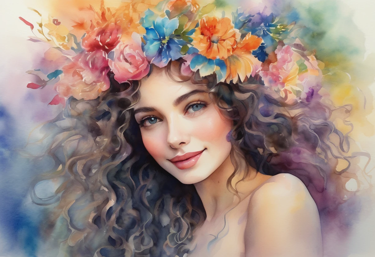 A captivating watercolor painting of a young, radiant woman with a serene smile, cascading curly hair, and a delicate floral headpiece. Her eyes, framed by long lashes, are full of warmth, while her vibrant, flowing dress shimmers with the colors of the rainbow. The background is a soft blend of pastel colors, with a path that leads to a distant garden. The overall atmosphere of the painting is enchanting, radiating an aura that would undoubtedly make every man fall in love with her.
