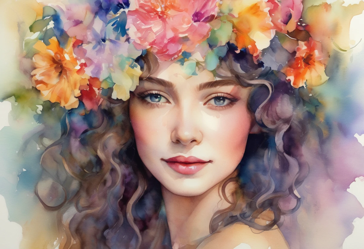 A captivating watercolor painting of a young, radiant woman with a serene smile, cascading curly hair, and a delicate floral headpiece. Her eyes, framed by long lashes, are full of warmth, while her vibrant, flowing dress shimmers with the colors of the rainbow. The background is a soft blend of pastel colors, with a path that leads to a distant garden. The overall atmosphere of the painting is enchanting, radiating an aura that would undoubtedly make every man fall in love with her.