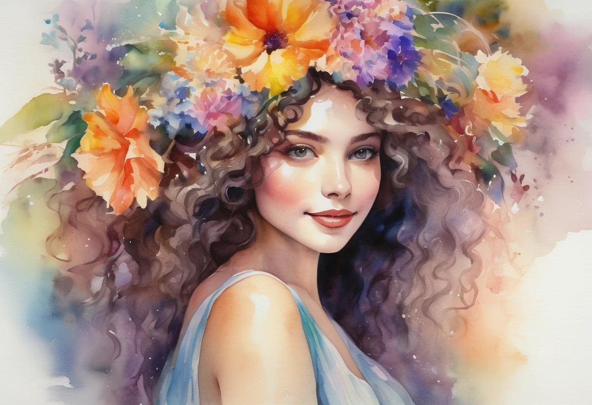 A captivating watercolor painting of a young, radiant woman with a serene smile, cascading curly hair, and a delicate floral headpiece. Her eyes, framed by long lashes, are full of warmth, while her vibrant, flowing dress shimmers with the colors of the rainbow. The background is a soft blend of pastel colors, with a path that leads to a distant garden. The overall atmosphere of the painting is enchanting, radiating an aura that would undoubtedly make every man fall in love with her.