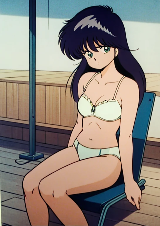1girls, masterpiece, highest quality, disorganized, retro artstyle, 1980s \(style\)))), look viewer, (Madoka Ayukawa, long hair), 1girl, sitting on a deck chair, looking at the letter with a confused expression, wearing a tube top, a mini skirt, and white Panties,