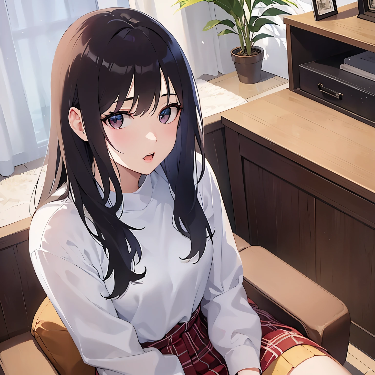 (looking at viewer:1.5),Upper Body,Shooting from above、Realistic, real person, (pale skin: 1.2), RAW photo, photorealistic, shiny skin, shiny hair、 (A 25-year-old woman with medium-length hair and bangs) and (wavy hair) and (brown hair) and (orange eyes) 、 worried,open mouth,Sitting、White long sleeve shirt、The background is the living room at night