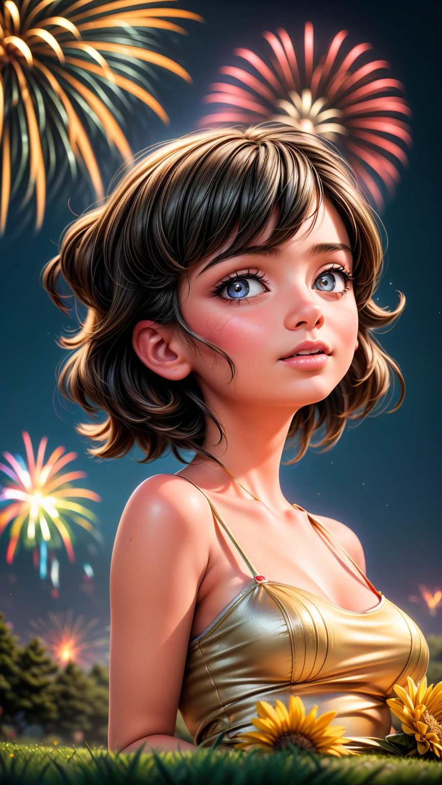 Low angle shot、Beautiful countryside、Girl sitting and looking up at fireworks