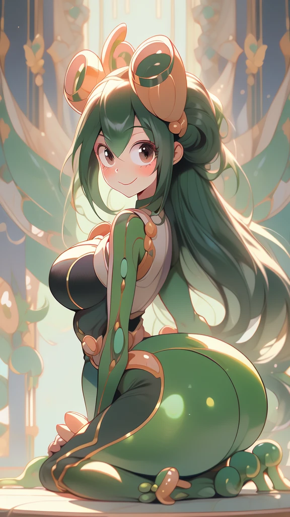 ((Masterpiece artwork, best qualityer)), Tsuyu Asui, beautfull woman, detailed outfit, high qualiy, showing ass,detailed hands, beautiful face, skin fair, female body, Proportionate Body, Body cute, showing tonge, full body, colorful background, smiling.
