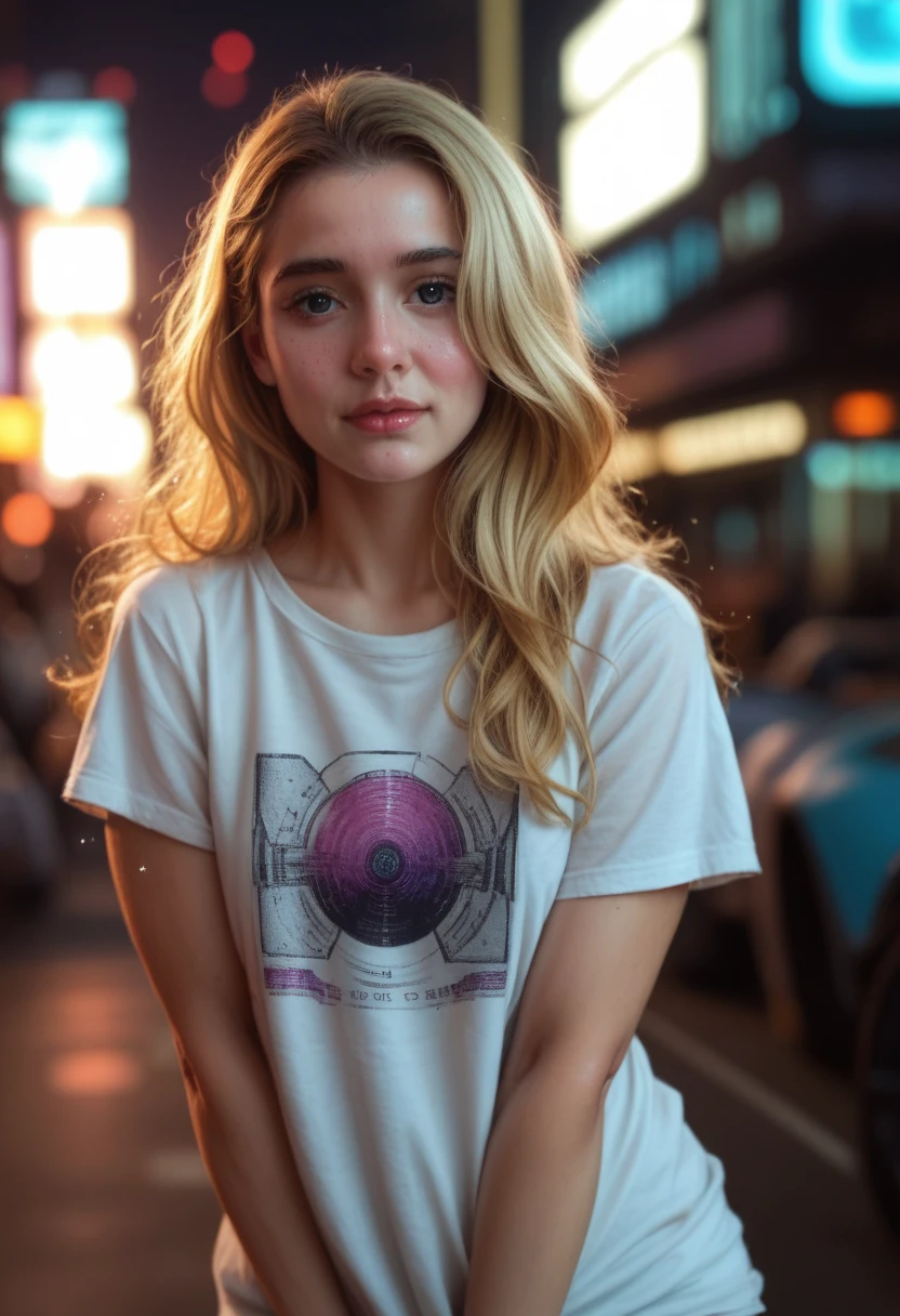gorgeous woman with extra long wavy blonde hair, detailed alluring eyes, long y legs, wearing tiny nickers, t-shirt, ((detailed facial features)), (finely detailed skin), pale skin, realistic skin texture, extreme skin details, (pores:0.1), in the background beautiful futuristic cyberpunk city, best quality masterpiece, photorealistic, hyperrealistic, detailed, 8k, HDR, (Soft color: 1.2), shallow depth of field, broad light, high contrast, backlighting, bloom, light sparkles, chromatic aberration, sharp focus, RAW color photo