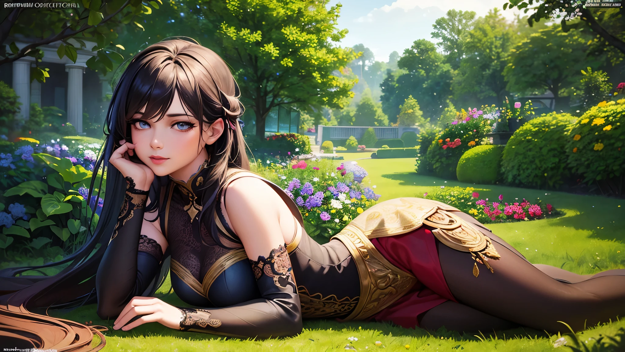 <(masterpiece, realistic:1.3), (extremely intricate:1.2)>, CG, ((European-style garden)), portrait of a young woman, beautiful face, ((vampire)), soft light smile, milky skin, pointy short ears, red long dress, bloody eyes, jewelry, sitting, strapless, strapless dress, graceful, bare shoulders, cleavage, long hair, braid, black hair, well-groomed hair, long eyelashes, solo, profile, solo, highly detailed, complexed light, warm sun light afternoon