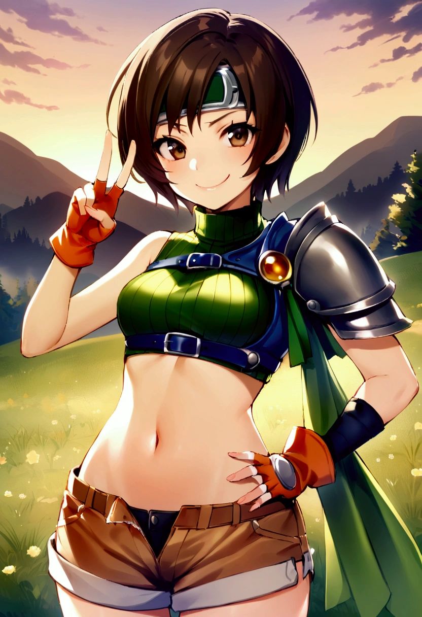 score_9, score_8_up, score_7_up,,BREAK ,best quality,aesthetic,very aesthetic,high-resolution ,upperbody,,soro focus,1girl, yuffie kisaragi, final fantasy, short hair,headband,navel,sleeveless,turtleneck,brown eyes,sleeveless turtleneck,solo,breasts,looking at viewer,smile,gloves,crop top,brown hair,shorts,midriff,,sweater,open fly,armor,fingerless gloves,ribbed sweater,medium breasts,(great joy,),standing,mountain,sunset,v,hand on hip,smug,face focus,