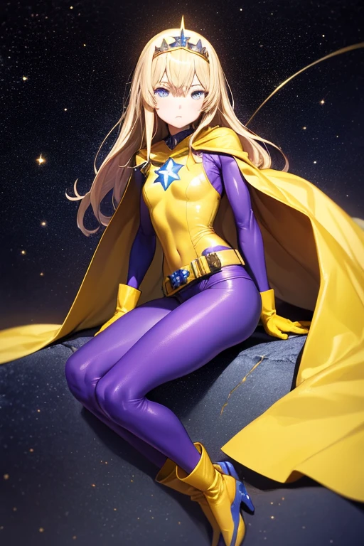 ((best quality)), ((masterpiece)), (detailed), 1 girl, Full body, 19 years old, Depressing face, Blue eyes, Empty eyes, Star-shaped tiara, Arms in front, Eye mask, Blue superhero mask, Blonde hair, Straight hair, Long hair, Bangs, 2 star clips on the sides of the hair, Full body, Medium breasts, Slim body, Small yellow star between the two hands, Yellow wristbands, Long purple gloves, Blue gloves, Superhero costume, Superheroes, Yellow leotard suit, With a big yellow star in the center, Star emblem, Somewhat tight, Long yellow cape on the waist, Red belt, Purple legs, Purple pantyhose, Blue boots, Sitting on a meteorite, Space background, Anime
