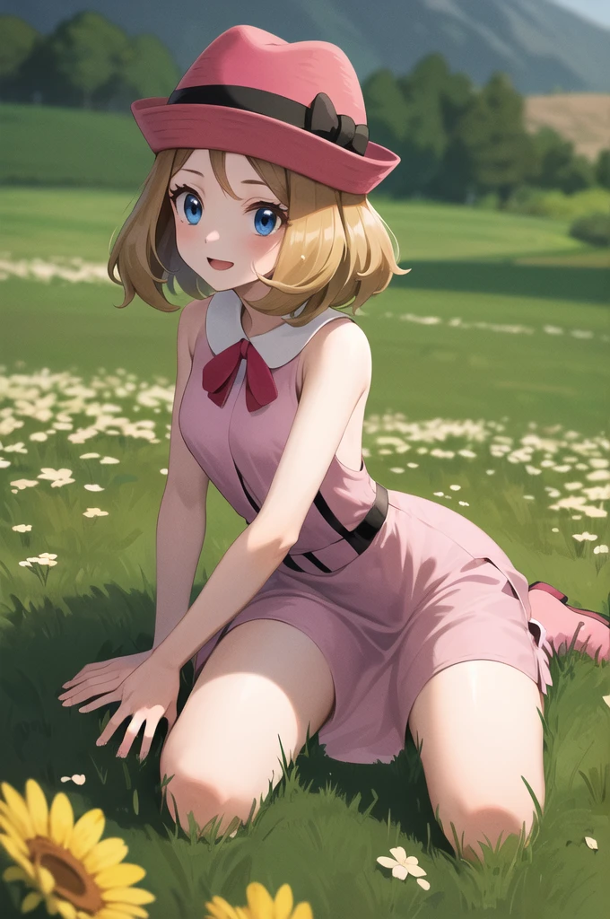 masterpiece, Best Quality, High resolution, bbserena, sOhlOh, shOhrt hair, pink hats, eyelashes, blue eyes, neck ribbOhn, blue ribbOhn, (pink dress:1.2), sleeveless, bare arms, black thighs, :Oh, wariza, field,happy