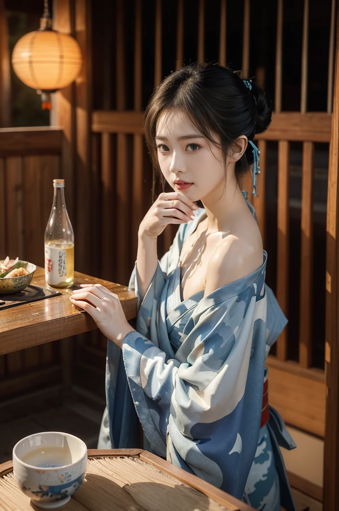 (((best quality))),(((ultra detailed))),(((masterpiece))),illustration,((1 beautiful Japannese girl,solo)),((slim,thin)),((small breasts,flat chest)),(((izakaya,summer,rain,night,indoor))),(blue Camouflage kimono:1.3),neat bun,porcelain skin,rouge,dimly lit,warm glow,ethereal,low table,sake bottle,half-empty glass,tray,grilled fish,steamed vegetables,half-eaten,melancholic smile,storm,solitude,enigmatic aura,tranquility,chaos,simplicity,complexity,emotions,sips sake,face softens,memories,frozen moment,photograph,glance,inner world,mysterious,captivating,((from front,upper body))