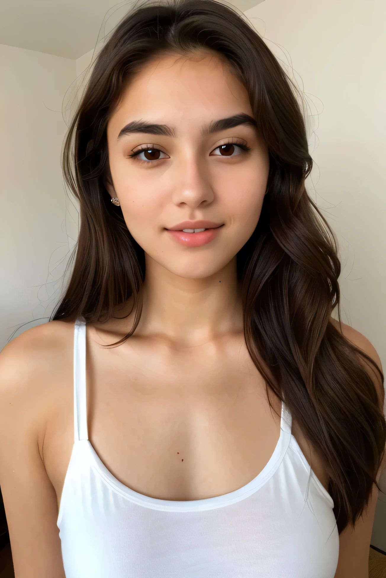 a 20 year old girl with brown hair and brown eyes with sharp jawline