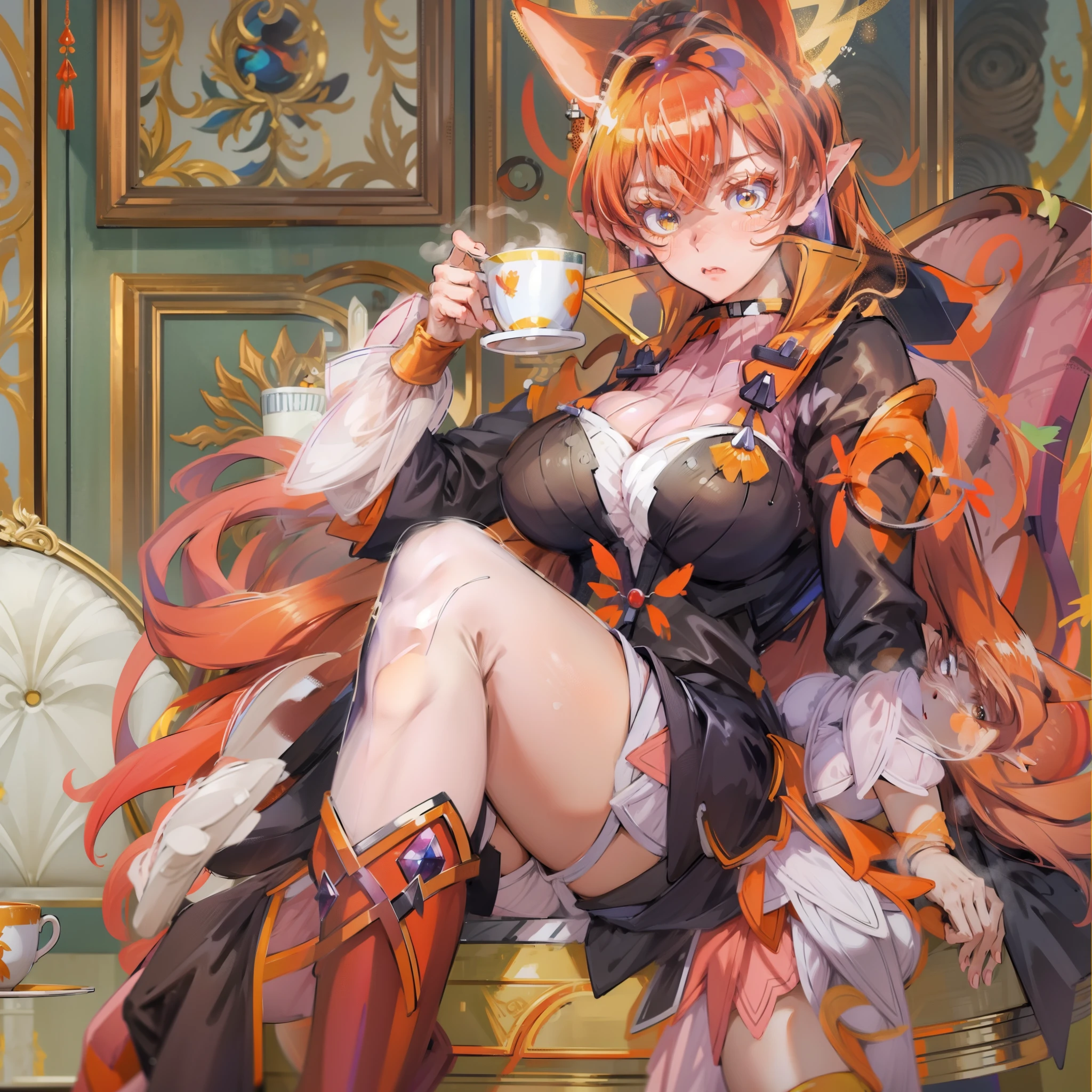 8k, Highly Detailed, Masterpiece, source_anime, best quality, clear face, thoughtful expression face, beautifully detailed eyes and beautifully detailed hair, 1girl, solo, Azazel Ameri, full body, female character with long, flowing, reddish-brown hair and fox-like ears, The character is dressed in a form-fitting, black and white top with a short, orange skirt that has petal-like layers. She is also wearing thigh-high white stockings and orange boots, big breasts, sits in a chair, one leg crossed over the other, there is a tea table next to it, and a mug of tea on the table, The overall color palette includes warm tones, with a focus on the character's vibrant hair and outfit.