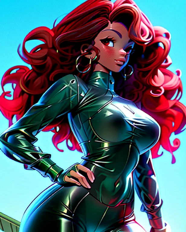 3D illustration of a young black woman on the beach, curly brown hair, slim waist with marked abdomen, small breasts, wide hips, thick thighs, red bikini.