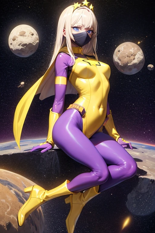 ((best quality)), ((masterpiece)), (detailed), 1 girl, Full body, 19 years old, Depressing face, Blue eyes, Empty eyes, Star-shaped tiara, Arms in front, Eye mask, Blue superhero mask, Blonde hair, Straight hair, Long hair, Bangs, 2 star clips on the sides of the hair, Full body, Medium breasts, Slim body, Small yellow star between the two hands, Yellow wristbands, Long purple gloves, Blue gloves, Superhero costume, Superheroes, Yellow leotard suit, With a big yellow star in the center, Star emblem, Somewhat tight, Long yellow cape on the waist, Red belt, Purple legs, Purple pantyhose, Blue boots, Sitting on a meteorite, Space background, Anime