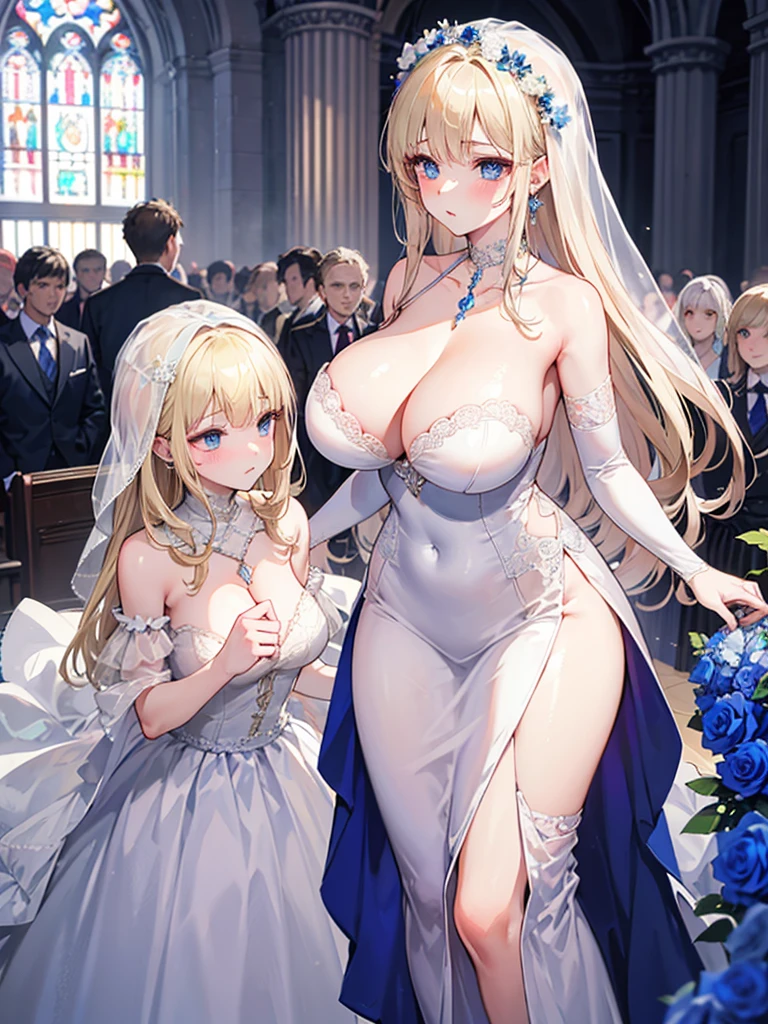 A woman with big ，Beautiful bride，Light blond long hair，Blue Eyes，clavicle，Gorgeous and exquisite wedding dress，weak，Sexy，Color，lactation，blush，Bright Light，In the church，blue Rose，Showing lace underwear，Handsome groom standing next to bride，