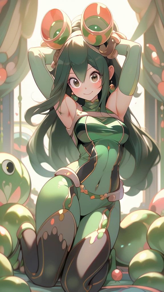 ((Masterpiece artwork, best qualityer)), Tsuyu Asui, beautfull woman, detailed outfit, high qualiy, showing armpits and pussy,detailed hands, beautiful  face, skin fair, female body, Proportionate Body, Body cute, showing tonge, full body, colorful background, smiling showing tonge.