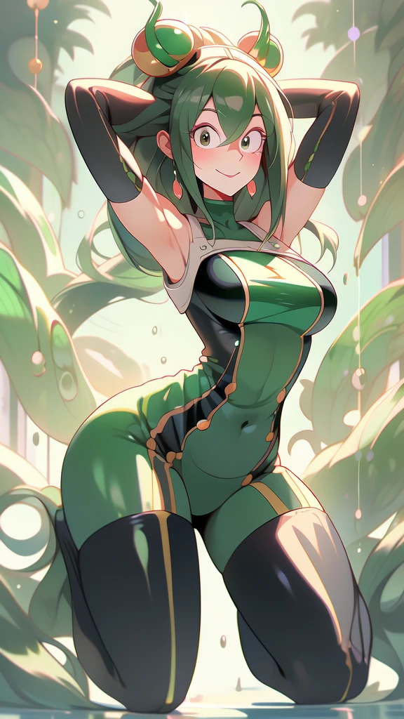 ((Masterpiece artwork, best qualityer)), Tsuyu Asui, beautfull woman, detailed outfit, high qualiy, showing armpits and pussy,detailed hands, beautiful  face, skin fair, female body, Proportionate Body, Body cute, showing tonge, full body, colorful background, smiling showing tonge.