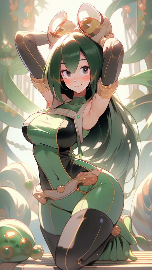 ((Masterpiece artwork, best qualityer)), Tsuyu Asui, beautfull woman, detailed outfit, high qualiy, showing armpits and pussy,detailed hands, beautiful  face, skin fair, female body, Proportionate Body, Body cute, showing tonge, full body, colorful background, smiling showing tonge.