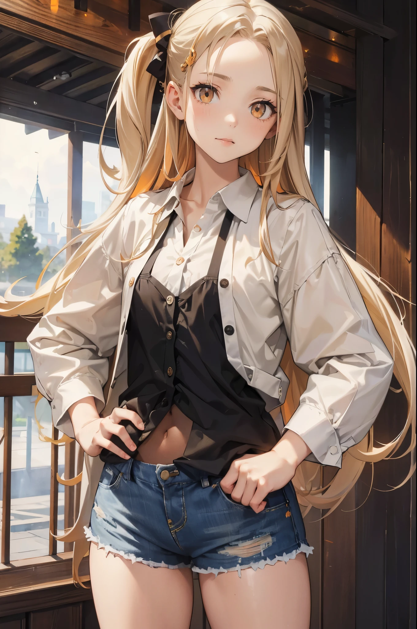 masterpiece, ultra detailed, 8k portrait, RAW photo, portrait photography, Highly detailed face, beautiful and meticulous eyes, (amber color eyes:1.5), , standing by the theme park, (white short shirt) and (blue shorts), navel, put on long white summer cardigan, cute girl, long hair, (cream color long hair:1.5), hairpin, young girl, 1girl, cute girl, pretty girl, portrait of cute girl, slim:1.5,