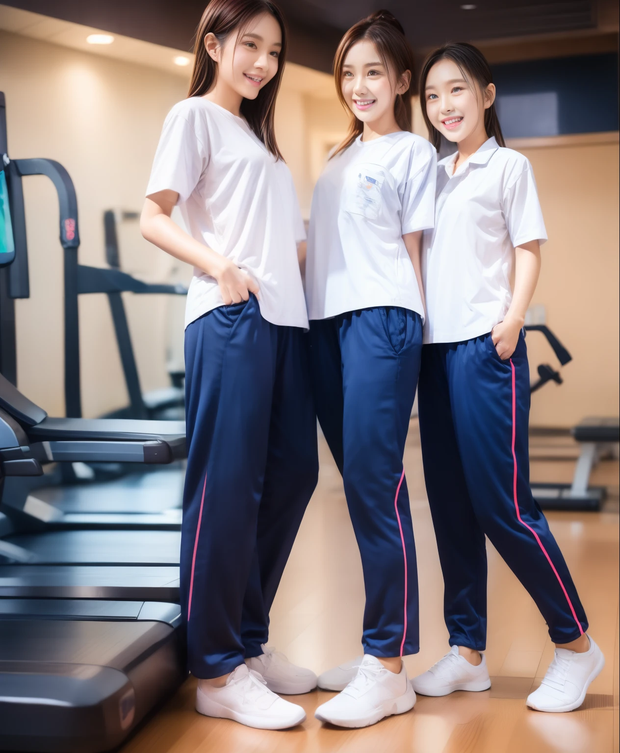 3 girls in fitness center, Navy blue short-sleeved shirt,Navy Long Trackpant,Sweatpants, Sweatpantsขายาว,25 year old girl, lesbian, sexy, exercise clothes, wet body, exercise clothes