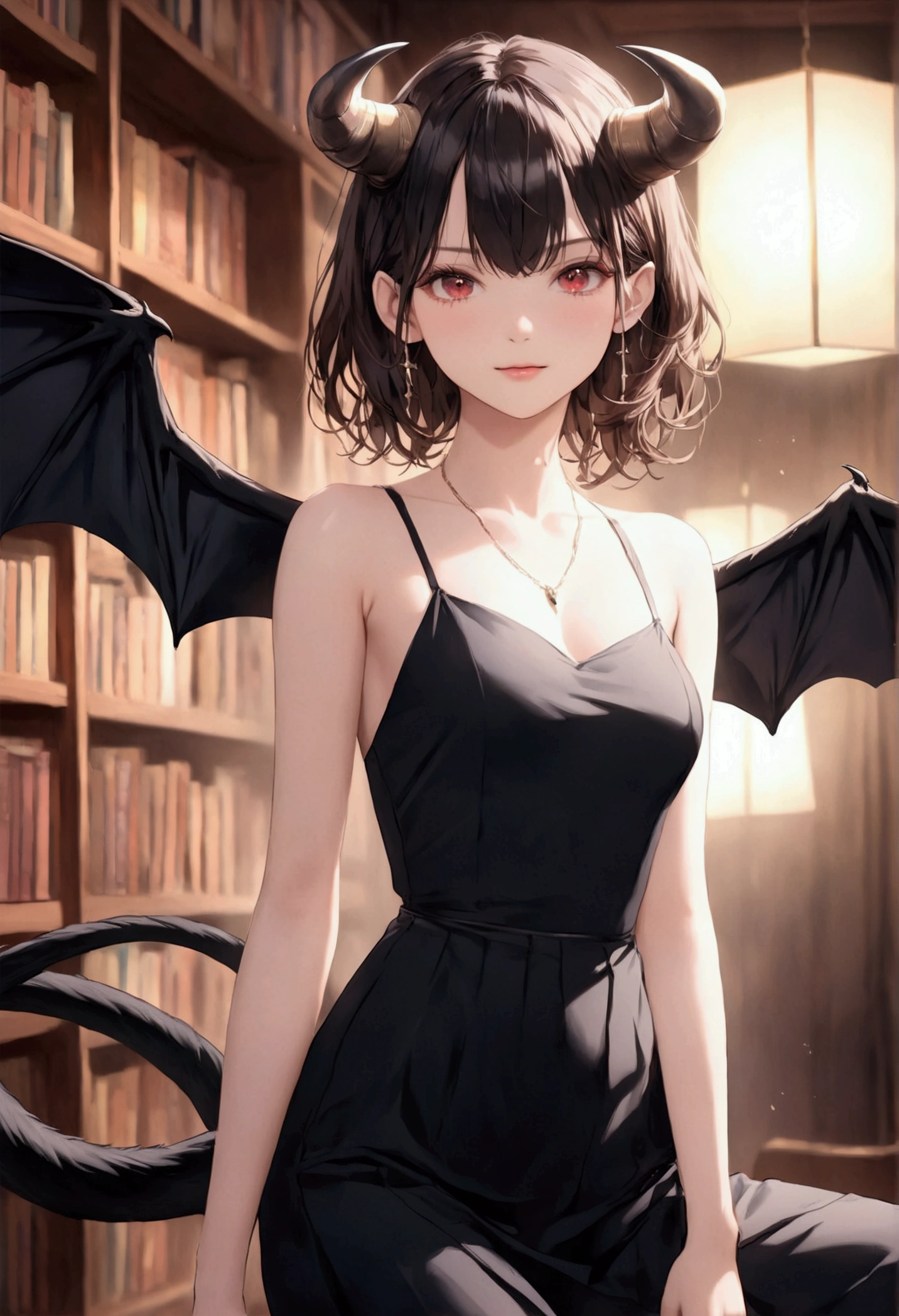 高いquality illustration, masterpiece, Very delicate and beautiful,Slender body,slim,Beautiful Eyes,(masterpiece, Highest quality:1.2), High resolution, Very detailed CG ユニティ 8k 壁紙, Perfect lighting, colorful, 超High resolution,4K,Very detailed, photograph, 8k, High resolutionolution,girl1people、Side Tail Hair、Short Hair、Black Hair、Red eyes、Black Dress、clavicle、Bat Wing、devilの羽、((Black wings))、devil、Black Horn、Dragon Horn、Glare、Get angry、blush、Study、library、Bookshelf、((night))、lamp、indoor、window、Dark room、(White flower)、((White flowerの髪飾り))、((Black tail))、((Black Stockingourning clothes