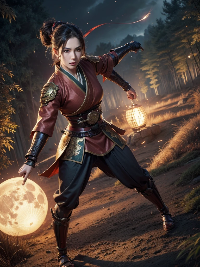 4K Fantasy style, digital drawing mode, Samurai-themed female character, brown long pony hair with copper highlights, determined green eyes, wearing a kimono-inspired outfit with gears and cogs, holding a katana with a steam-powered mechanism and red and blue gold aura effects, background of a Bamboo forest with Full moon, pale skin, short hair, red lips, focused eyes, full body, Perfect body, Perfect face, Masterpiece, Battle stance pose, life size, perfect anatomy, detailed metal and fabric texture, full HD, 4K, HDR, depth of field."