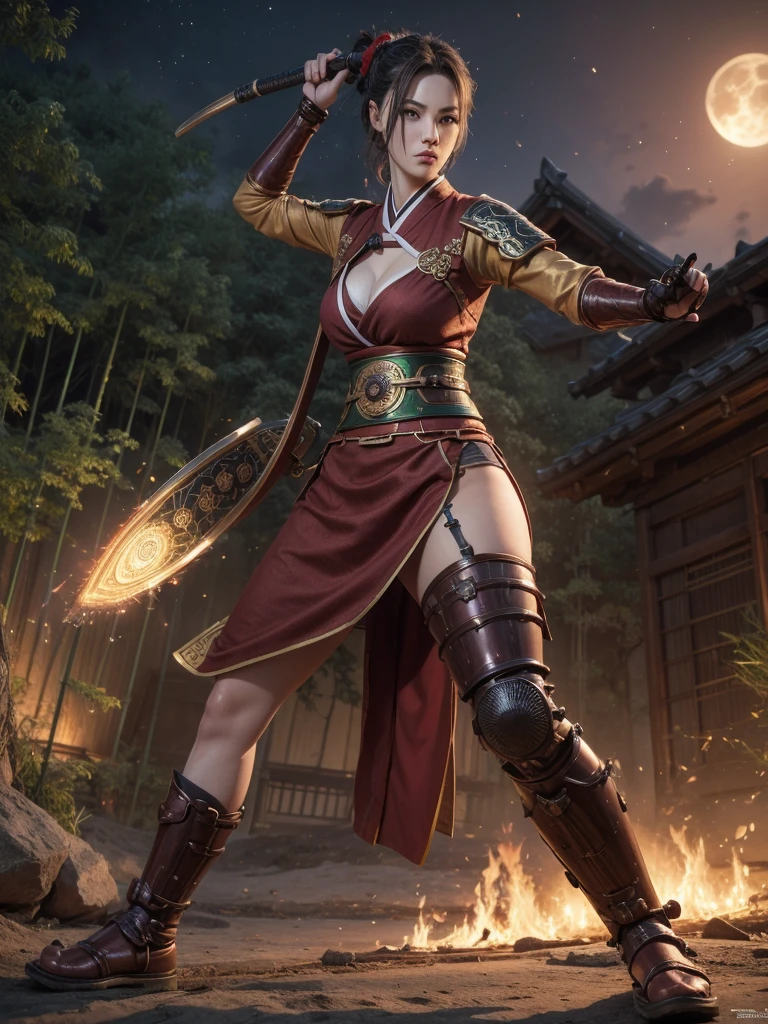 4K Fantasy style, digital drawing mode, Samurai-themed female character, brown long pony hair with copper highlights, determined green eyes, wearing a kimono-inspired outfit with gears and cogs, holding a katana with a steam-powered mechanism and red and blue gold aura effects, background of a Bamboo forest with Full moon, pale skin, short hair, red lips, focused eyes, full body, Perfect body, Perfect face, Masterpiece, Battle stance pose, life size, perfect anatomy, detailed metal and fabric texture, full HD, 4K, HDR, depth of field."