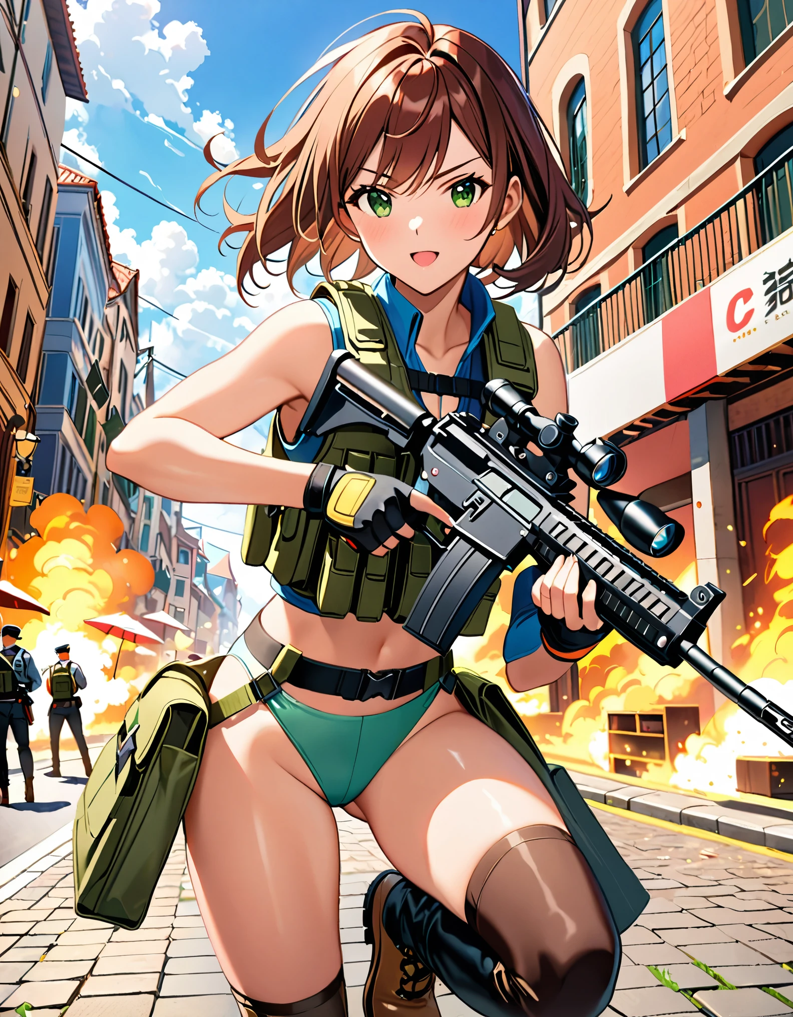 (best quality), (masterpiece), (hires), 1girl, solo, solo focus, (leotard), (bare legs), (boots), (assault vest), holding and aiming an assault rifle, dynamic action pose, brown hair, bob hair, green eyes, fingerless gloves, (black boots).