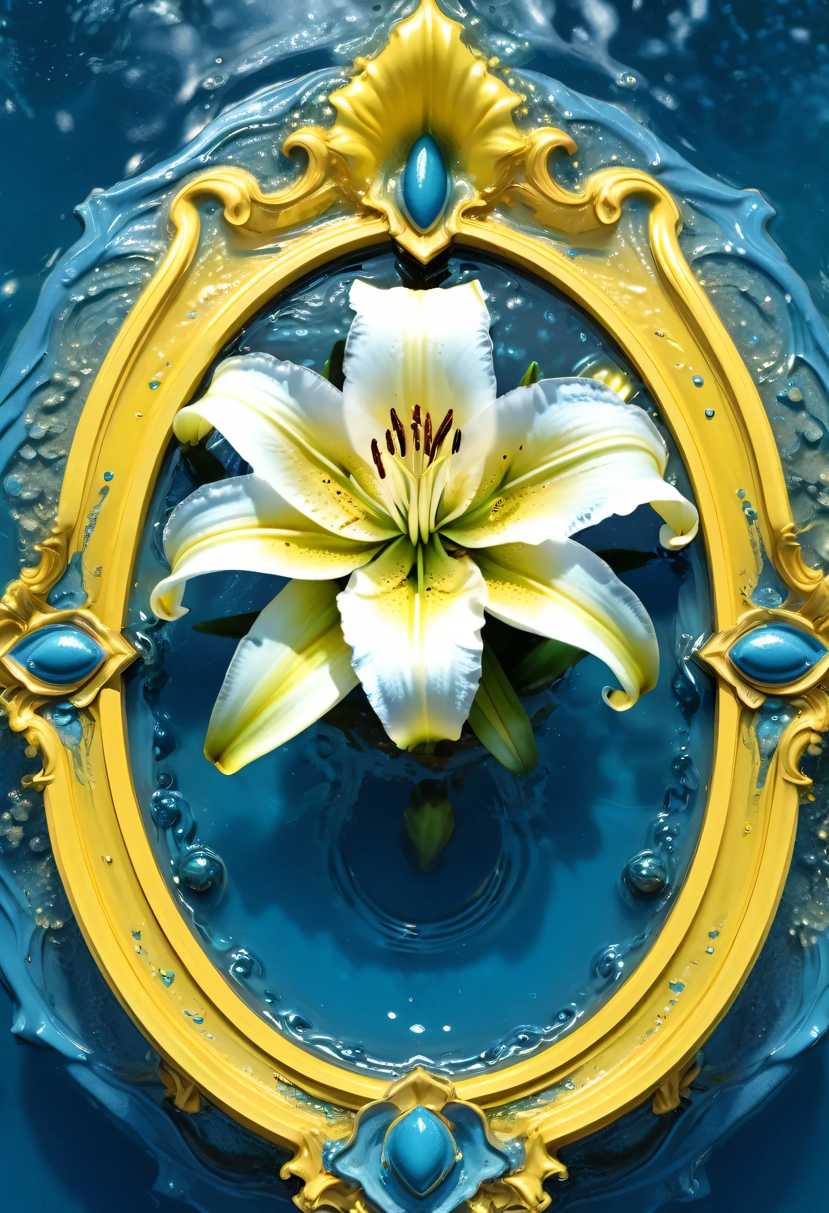 lily, purity, fountain, mostly blue tones and small details in yellow, ornamental art, photorealism, 4D, 8k, futuristic photo frame, high tech artwork