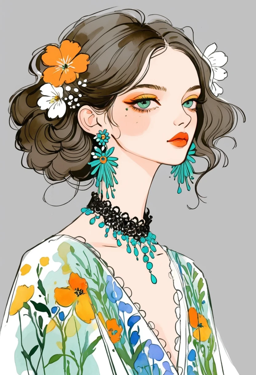 Fashion design sketch：Illustration for girls,Extravagant flower jewelry,solitary , Digital drawing, Fine Hair, (black line)，Illustration style, Digital Illustration, Color Sketch, watercolor Illustration style,