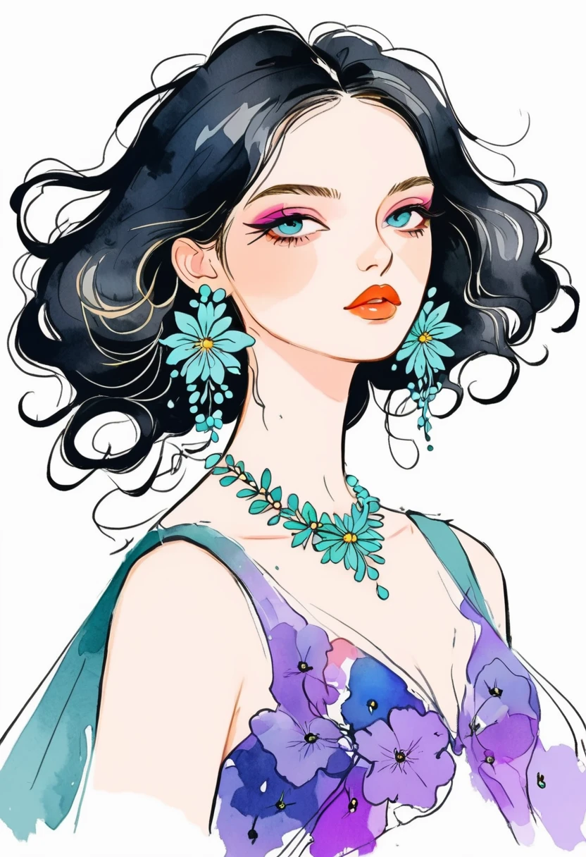 Fashion design sketch：Illustration for girls,Extravagant flower jewelry,solitary , Digital drawing, Fine Hair, (black line)，Illustration style, Digital Illustration, Color Sketch, watercolor Illustration style,