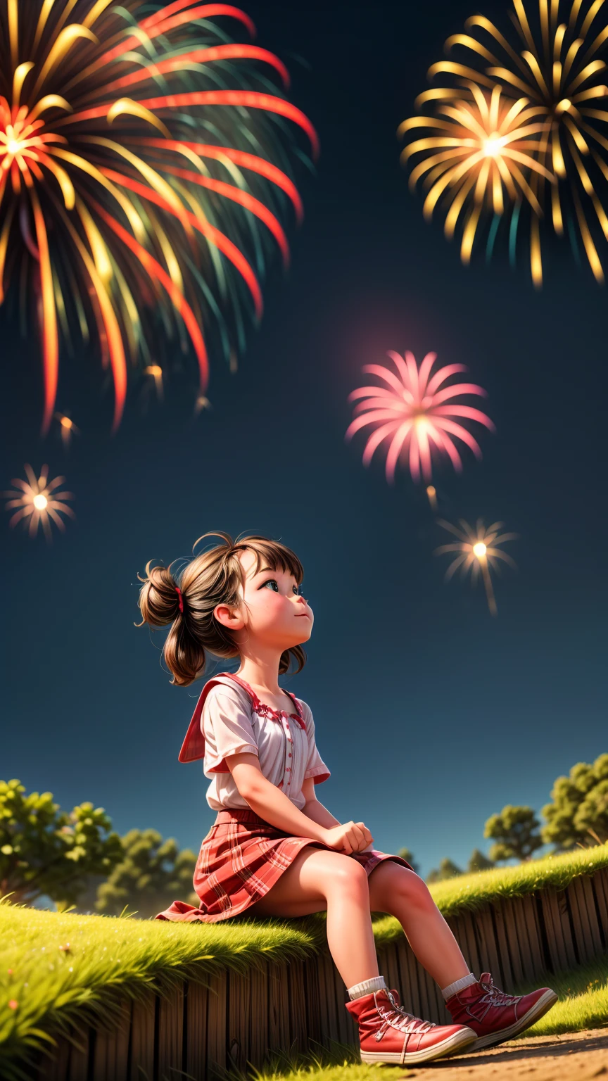 Low angle shot、Beautiful countryside、Girl sitting and looking up at fireworks