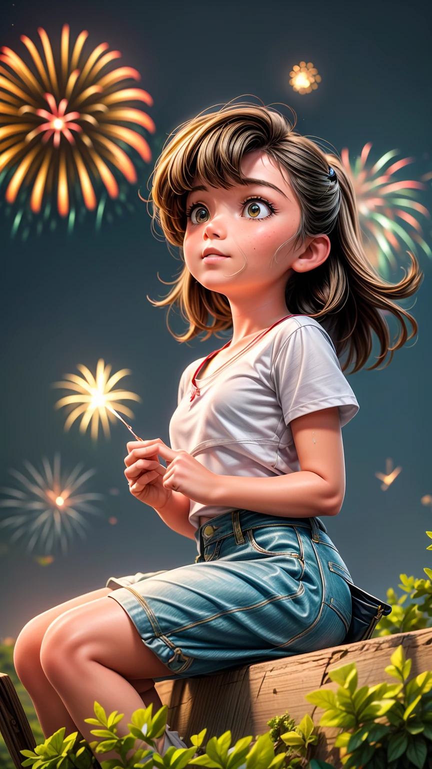 Low angle shot、Beautiful countryside、Girl sitting and looking up at fireworks