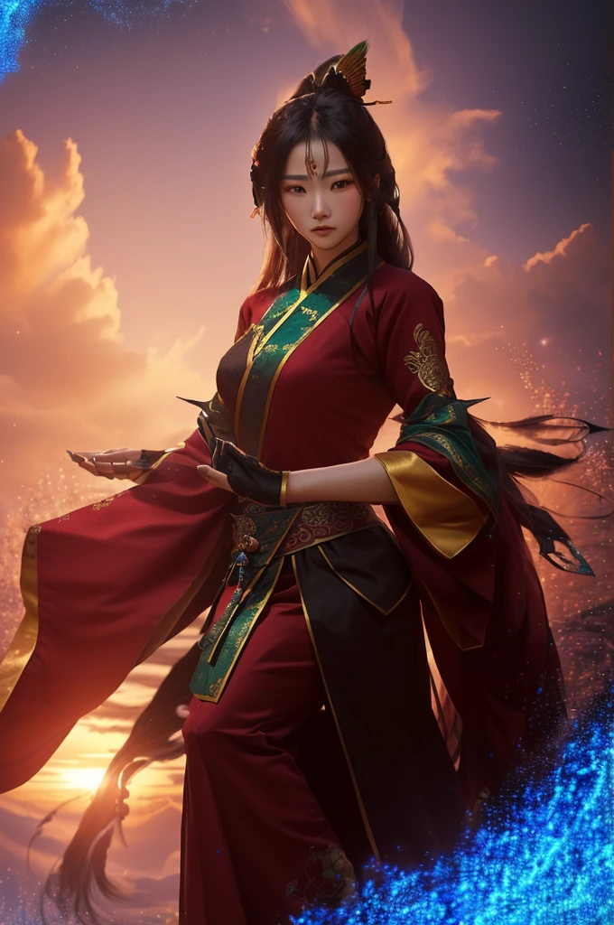 whole body，Chinese martial arts game characters,Beautiful woman，Long hair，One Yang fingers，Long Sleeve Swordsman 3，Handheld folding fan，Peacock feather decoration, Art，Real material