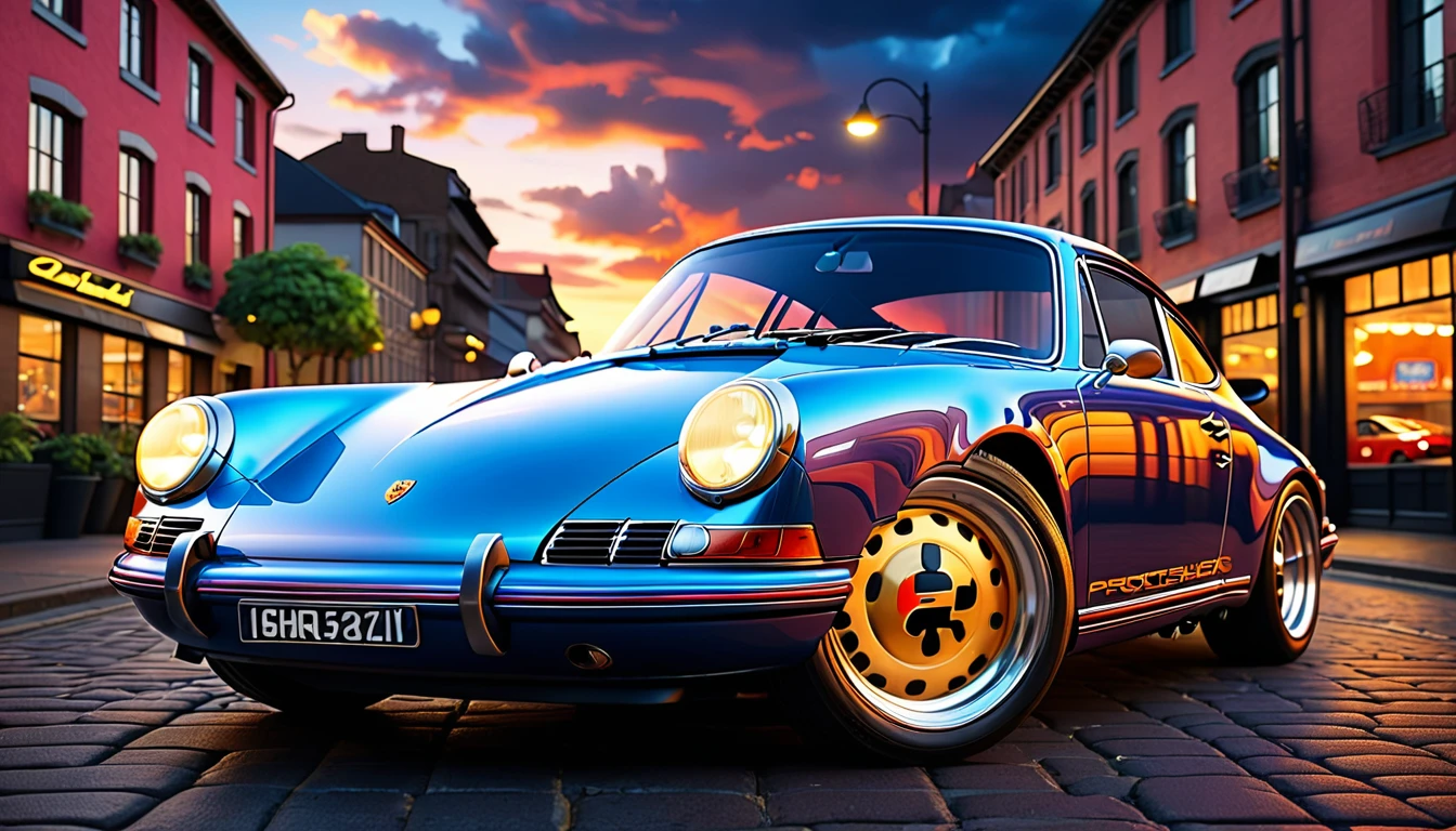 A 1964 Porsche 911 in an urban environment, with a dramatic evening sky, hyper-realistic pencil drawing style inspired by Diego Koi, highlighting all the details of the car, with a blurred background to emphasize the vehicle even more